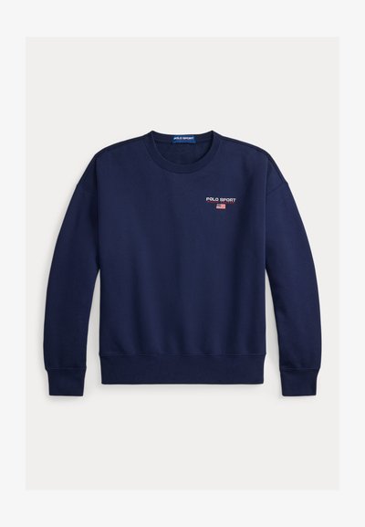 Granatowa bluza z bawełnianej mieszanki, z okrągłym dekoltem, ściągaczami na mankietach i u dołu, z logo "POLO SPORT" i motywem amerykańskiej flagi.