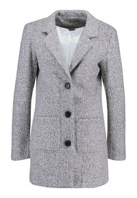 Šedý blazer z vlněné směsi s texturovaným povrchem, klopami do špičky a zapínáním na tři černé knoflíky a bočními kapsami.