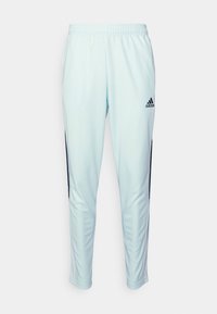 Helleblaue Sporthosen aus glattem Material mit taillierter Passform. Sie verfügen über schwarze Seitenstreifen und ein gesticktes Logo auf dem linken Oberschenkel.