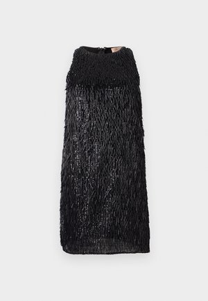 Black sleeveless dress with a textured fringe design. Features a high neckline and a zip closure at the back. Smooth inner lining.