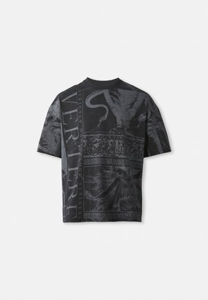 Black oversized t-shirt featuring intricate grey graphic designs, including depictions of figures and decorative elements. Round neckline, short sleeves.