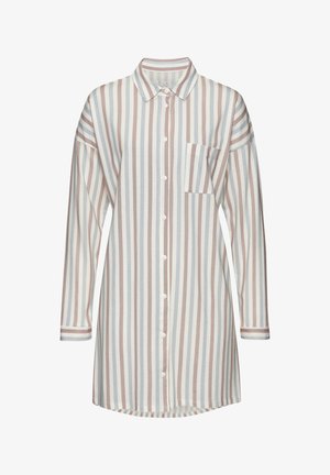 Camicia a maniche lunghe a righe nei colori pastello di azzurro chiaro e rosa tenue, con colletto, chiusura con bottoni frontale e taschino sul petto.