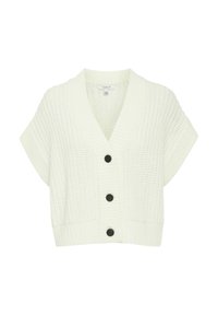 Cardigan lavorato a maglia bianco sporco con scollatura a V profonda, maniche corte e cinque grandi bottoni neri sul davanti. Texture spessa e vita aderente.