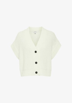 Strickjacke in Off-White mit tiefem V-Ausschnitt, kurzen Ärmeln und fünf großen schwarzen Knöpfen in der Vorderseite. Grobe Textur und taillierte Passform.