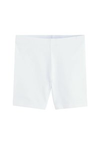 Shorts bianchi in cotone con una semplice cintura elastica e una texture opaca e liscia. Il design è aderente e arriva a metà coscia.