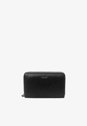 Black leather wallet with a textured finish, zipper closure, and logo detail. Rectangular shape with clean lines and minimal accents.