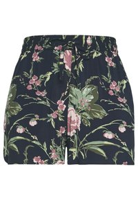 Květinové šortky z tmavě modré látky s jemnými růžovými a zelenými květinovými vzory, elastický pas se stahovací šňůrkou.