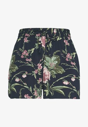 Květinové šortky z tmavě modré látky s jemnými růžovými a zelenými květinovými vzory, elastický pas se stahovací šňůrkou.