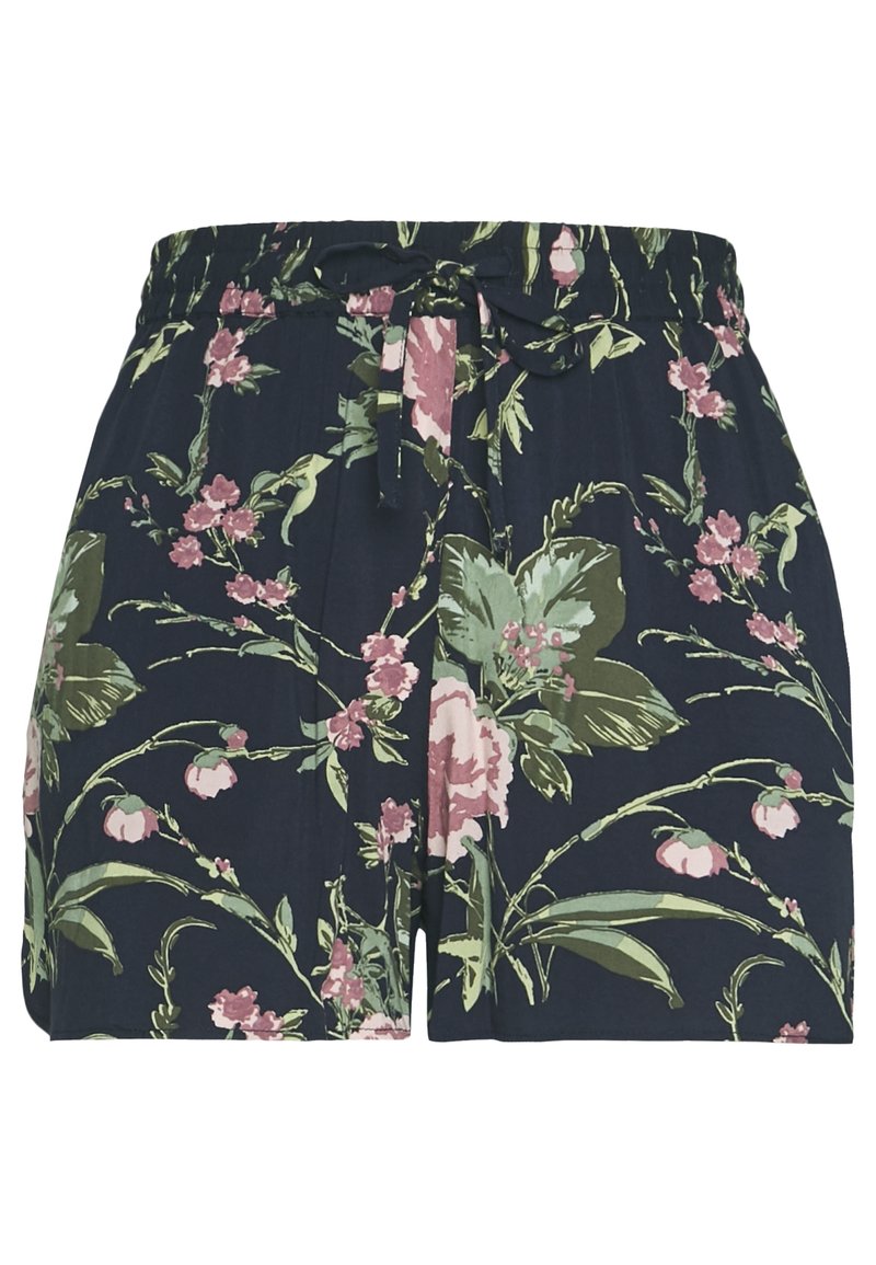 Květinové šortky z tmavě modré látky s jemnými růžovými a zelenými květinovými vzory, elastický pas se stahovací šňůrkou.
