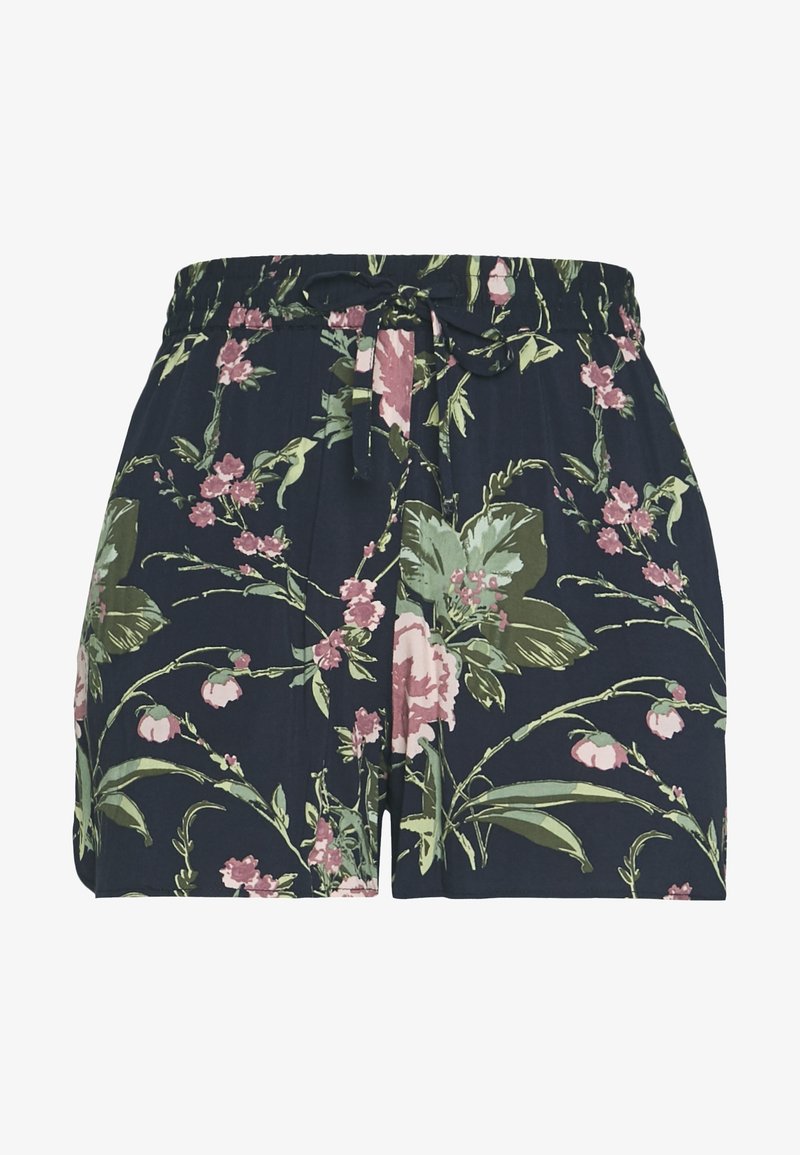 Květinové šortky z tmavě modré látky s jemnými růžovými a zelenými květinovými vzory, elastický pas se stahovací šňůrkou.