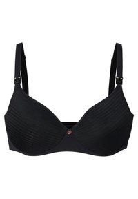 Svart bh med texturerad ribbad design, med bygel, justerbara band och en metallknapp detalj i mitten. Slät yta.