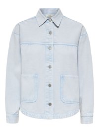 Veste en denim bleu clair avec col, fermeture par boutons-pression, manches longues et deux poches plaquées devant.