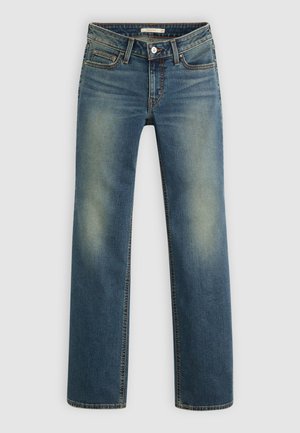 Blue denim jeans with a straight leg cut, front button closure, belt loops, and faded areas on thighs and knees.