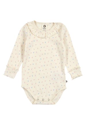 Body bébé à manches longues couleur crème avec petits imprimés floraux roses et bleus, col et poignets volantés, et fermetures à pressions au bas.