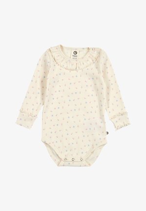 Cremefarbenes Baby-Body mit langen Ärmeln, kleinen rosa und blauen Blumenmustern, gerafftem Kragen und Bündchen sowie Druckknöpfen am unteren Ende.