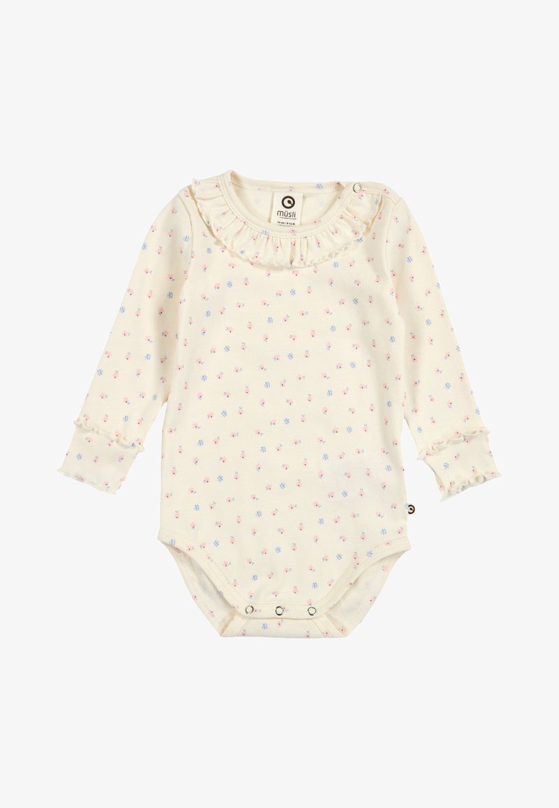 Body bébé à manches longues couleur crème avec petits imprimés floraux roses et bleus, col et poignets volantés, et fermetures à pressions au bas.