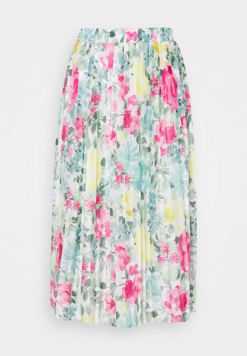 Jupe midi plissée avec taille élastique, présentant un imprimé floral multicolore en rose, bleu, jaune et vert sur fond blanc.