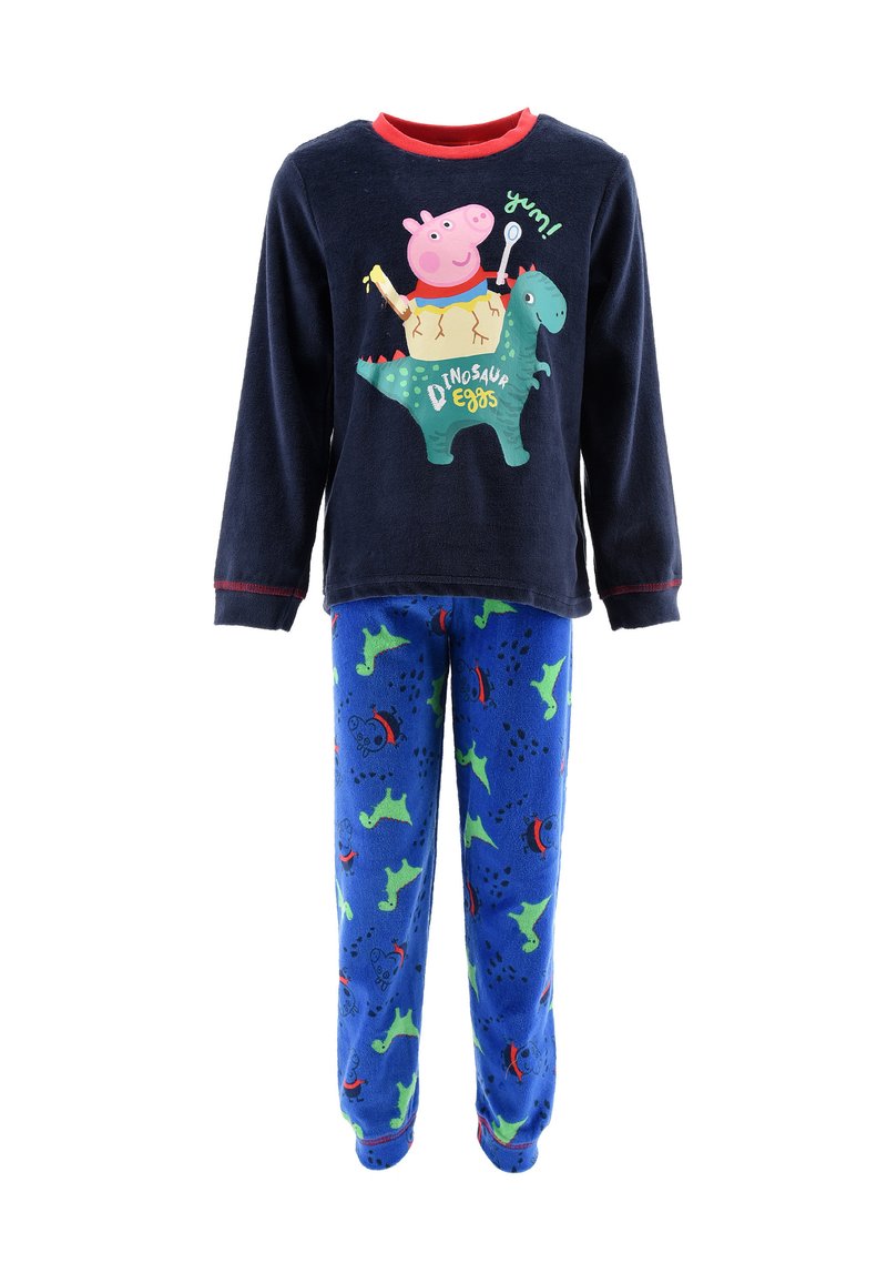Navy fleece pajama set featuring a graphic of a character on a dinosaur. Pants are blue with green dinosaur patterns and red accents.