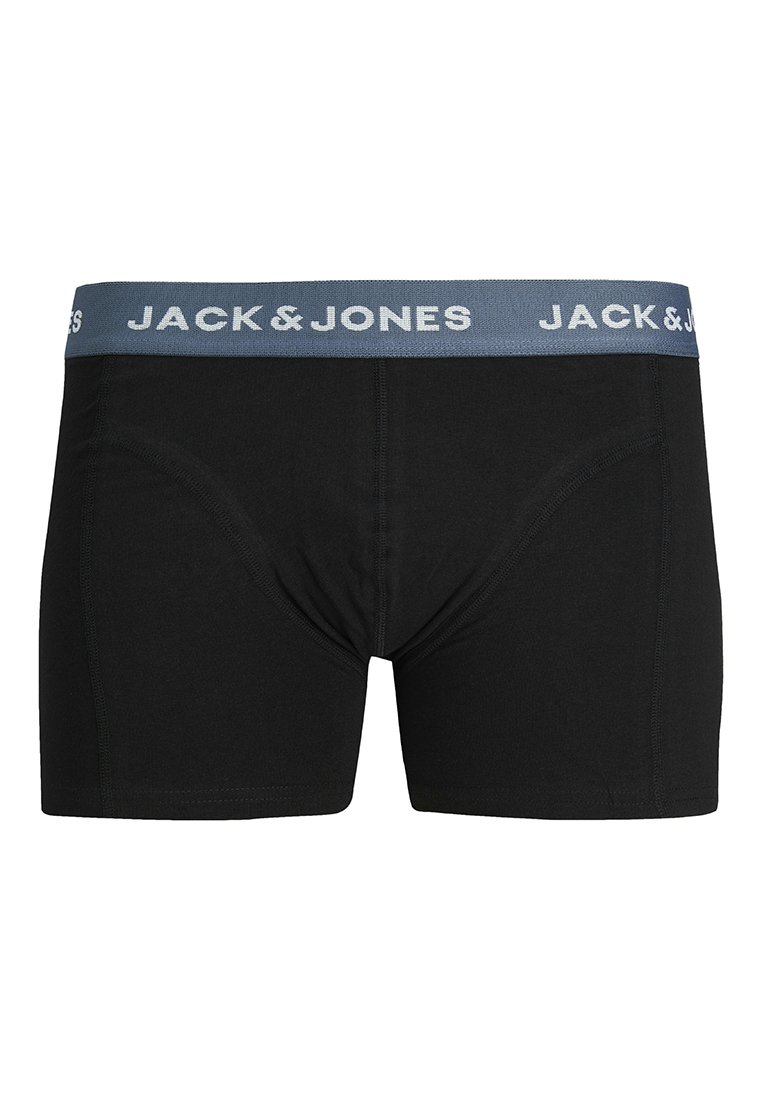 Boxer briefs de algodón negro con una cinturilla elástica azul donde aparece impreso en blanco "JACK & JONES". Textura suave y diseño ajustado.