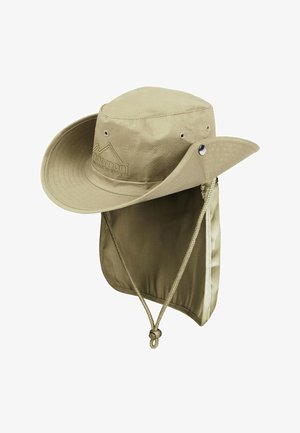 Beige Outdoor-Hut mit breiter Krempe, Stoff-Nackenklappe, Belüftungslöchern und verstellbarem Kinnriemen. Mit gebrandetem Logo an der Vorderseite.
