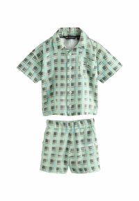 Kortärmad, mintgrön rutig skjorta med knäppning fram och ficka, ihop med matchande shorts. Tyget är lätt, med ett rutigt mönster och grå accenter.