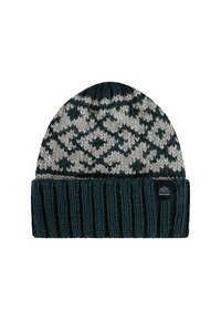 Dark green and gray knitted beanie with geometric and floral patterns, ribbed cuff, and small black tag with white mountain logo.