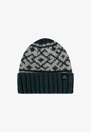 Dark green and gray knitted beanie with geometric and floral patterns, ribbed cuff, and small black tag with white mountain logo.