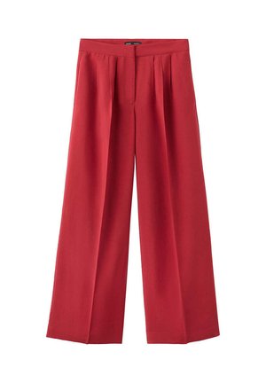 Pantalones rojos de pierna ancha con pliegues en la cintura y cierre frontal oculto, mostrados sobre un fondo blanco.