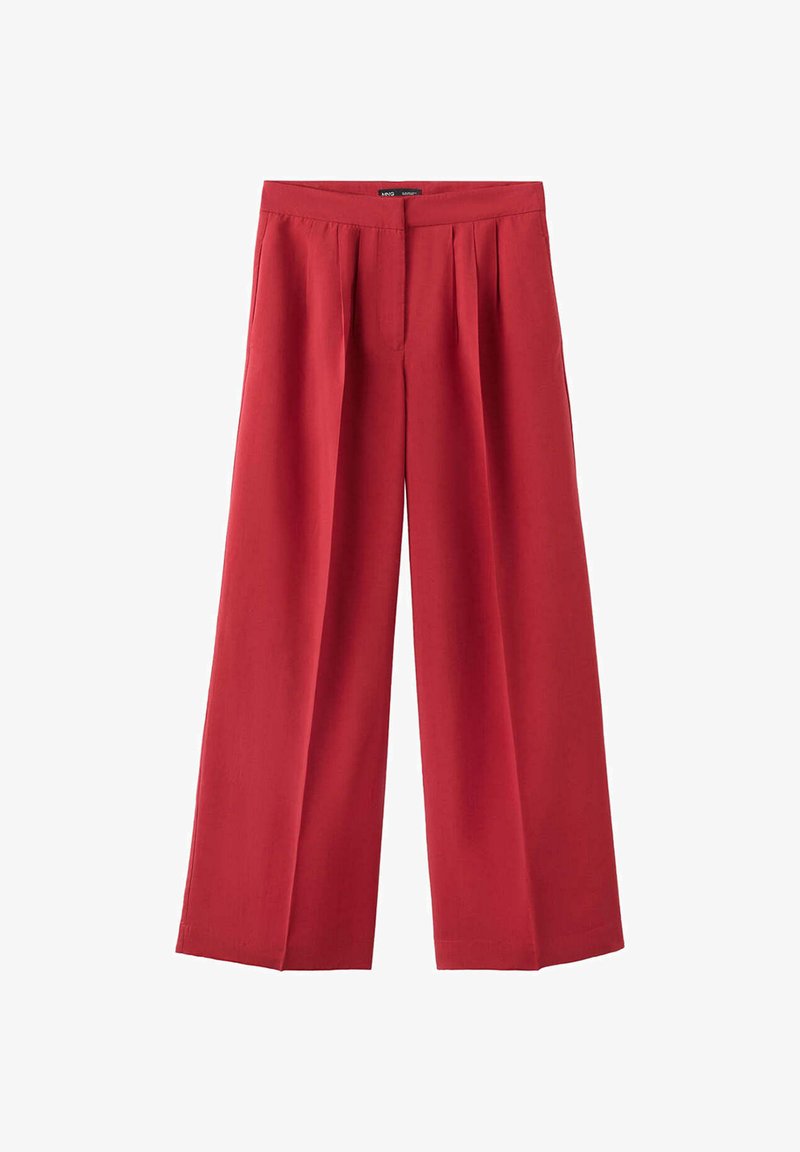 Pantalon rouge à jambes larges avec plis à la taille et fermeture avant dissimulée, présenté sur fond blanc.