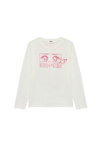 Camiseta blanca de manga larga, hecha de algodón, con un gráfico de estilo anime en rosa que presenta ojos y un corazón en el frente. Textura suave, diseño de cuello redondo.