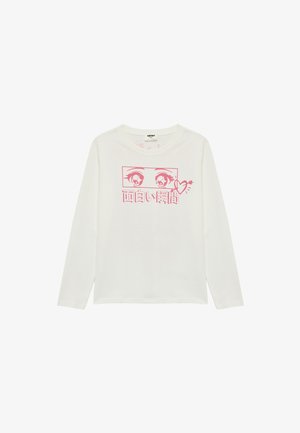 Langärmliges weißes T-Shirt aus Baumwolle mit einem pinken Anime-Grafikdesign mit Augen und Herz auf der Vorderseite. Weicher Stoff, Rundhalsausschnitt.
