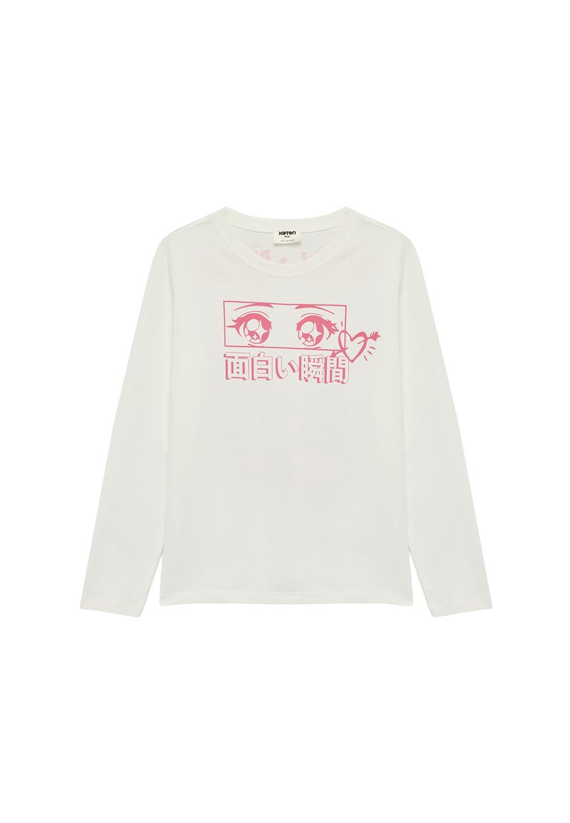 Camiseta blanca de manga larga, hecha de algodón, con un gráfico de estilo anime en rosa que presenta ojos y un corazón en el frente. Textura suave, diseño de cuello redondo.