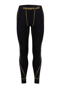 Black thermal leggings with gold logo band and stitching details. Designed with a fitted shape and smooth texture for comfort.