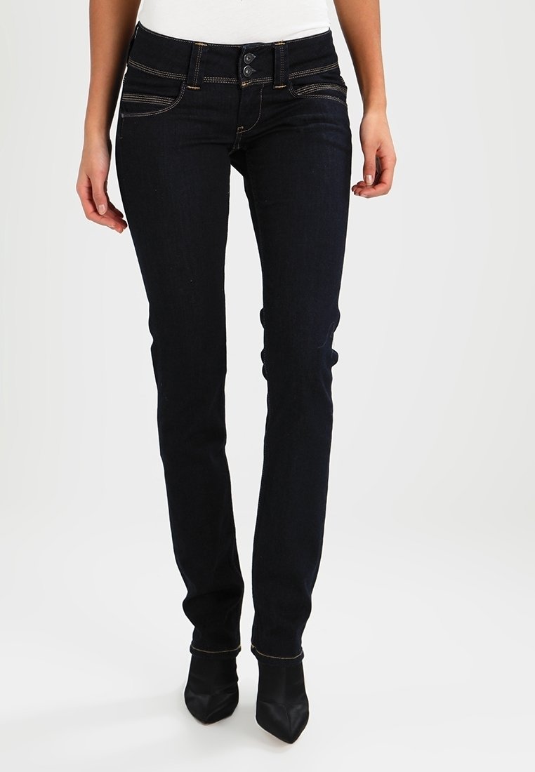 Dark blue denim jeans with a fitted shape, featuring five pockets, contrasting orange stitching, and a two-button closure.