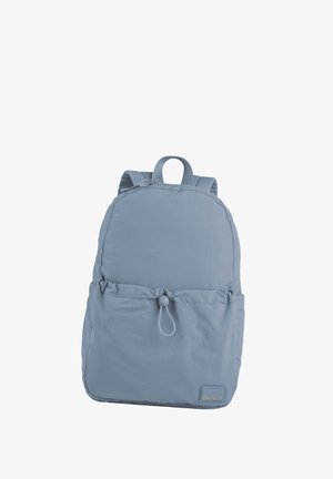 Light blue nylon backpack featuring a rounded top, adjustable padded straps, a front pocket with a toggle closure, and a brand logo patch.