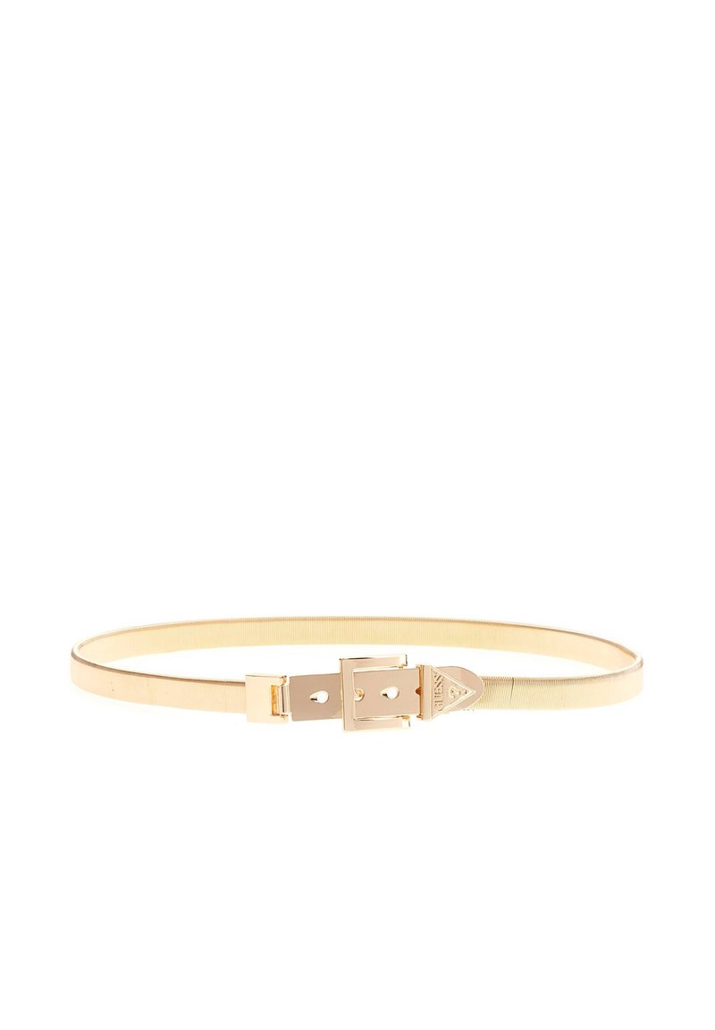 Ceinture dorée fine en matériau métallique lisse avec une finition texturée. Elle présente une boucle dorée brillante et une fermeture ajustable.
