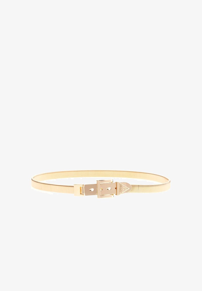 Ceinture dorée fine en matériau métallique lisse avec une finition texturée. Elle présente une boucle dorée brillante et une fermeture ajustable.