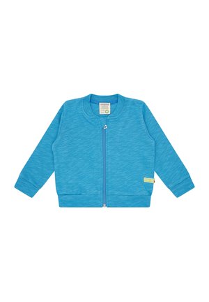Giacca azzurro chiaro con zip, realizzata in tessuto testurizzato. Presenta un collo rotondo, maniche lunghe e due tasche frontali. Etichetta sul lato.