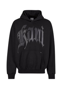 Black hoodie with front pouch pocket, featuring large grey Gothic lettering. Made of soft fabric, with ribbed cuffs and hem for a snug fit.