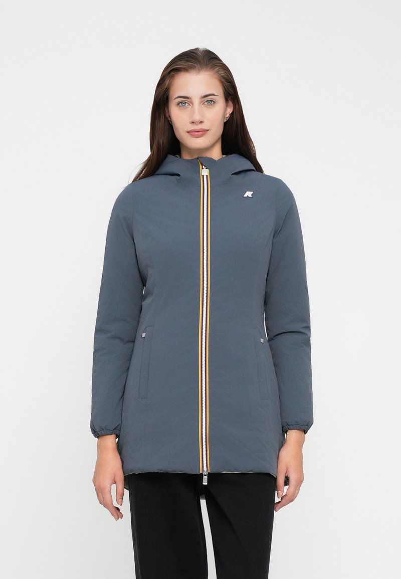Gray hooded jacket with zip closure featuring a multicolored striped detail and elastic cuffs. Two side pockets with a logo on the chest.