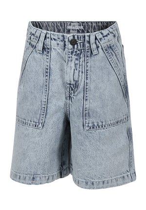 Shorts en denim bleu clair à taille haute, dotés de deux poches avant, de détails de couture visibles et d'une texture légèrement délavée.