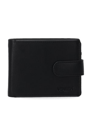 Black leather wallet with a smooth texture, bi-fold design, and a snap closure. Features embossed branding on the front.