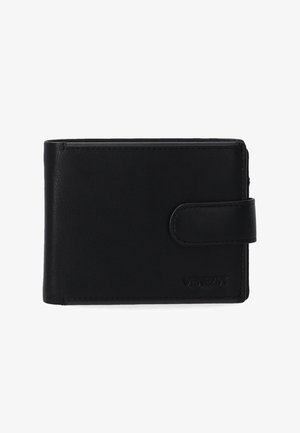 Portefeuille en cuir noir avec une texture lisse, design bi-fold et fermeture à pression. Présente un logo en relief à l'avant.