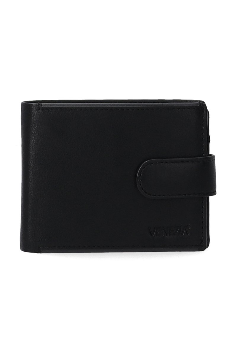 Czarny skórzany portfel o gładkiej fakturze, w podwójnym złożeniu, z zapięciem na zatrzask. Posiada wytłoczone logo z przodu.