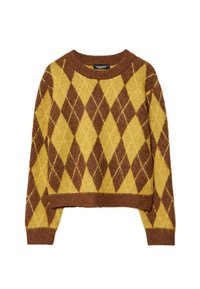 Brun og gul argyle-mønstrede sweater, cropped design, rund halsudskæring, lavet af blødt strikket materiale med ribbede manchetter og kant.