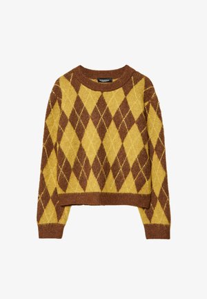Pull en argyle marron et jaune, coupe courte, col rond, fabriqué en maille douce avec des poignets et un ourlet côtelés.