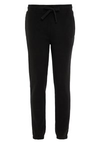 Zwarte fleece jogger pants met een trekkoord in de taille, zijzakken en elastische boorden. Glad textuur en taps toelopend ontwerp.