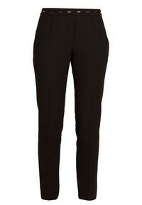 Černé kalhoty na míru s hladkou texturou, středně vysoký pas s dekorativním detailem, slim fit a zúžené nohavice.