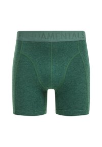 Pánt nélküli zöld boxer alsónemű, puha anyagból, melíros textúrával. Széles derékpánt jellemzi, amelyre a "FUNDAMENTALS" szó van gravírozva.