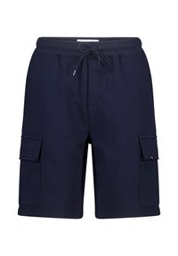 Navy blue cargo shorts made of cotton blend, featuring a drawstring waist, two side pockets, and two flap pockets on the thighs.